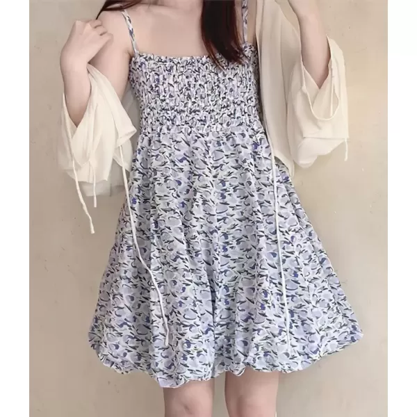 imagechouyatou Womens Y2k Puff Bubble Hem Mini Dress Sexy Spaghetti Strap Smocked Dress Floral Print Short Swing DressBlue Purple