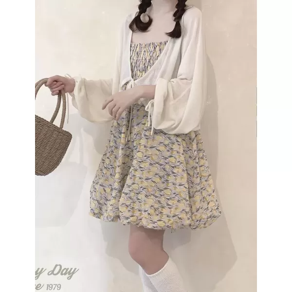 imagechouyatou Womens Y2k Puff Bubble Hem Mini Dress Sexy Spaghetti Strap Smocked Dress Floral Print Short Swing DressYellow