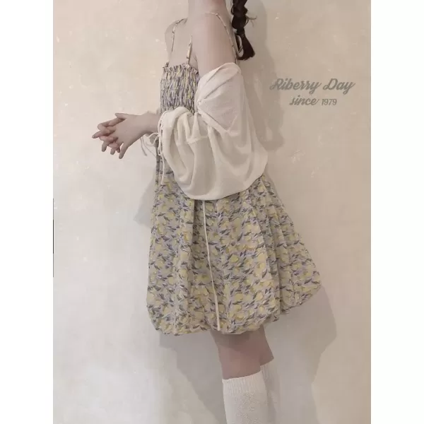 imagechouyatou Womens Y2k Puff Bubble Hem Mini Dress Sexy Spaghetti Strap Smocked Dress Floral Print Short Swing DressYellow