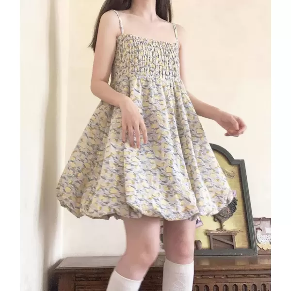 imagechouyatou Womens Y2k Puff Bubble Hem Mini Dress Sexy Spaghetti Strap Smocked Dress Floral Print Short Swing DressYellow
