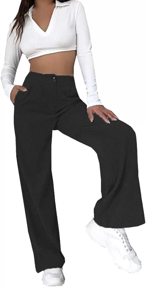 imagechouyatou Womens Straight Leg Vintage High Waisted Corduroy Pants Trousers with PocketsBlack