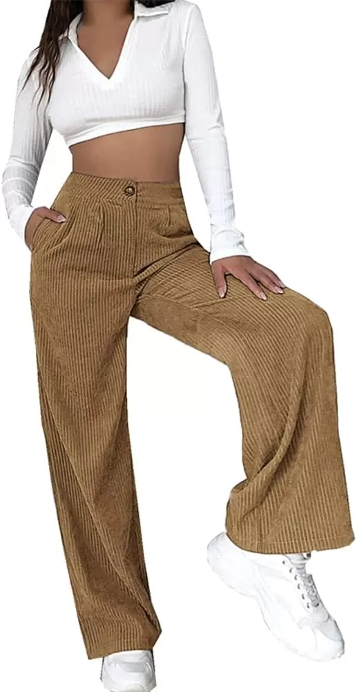 imagechouyatou Womens Straight Leg Vintage High Waisted Corduroy Pants Trousers with PocketsBrown