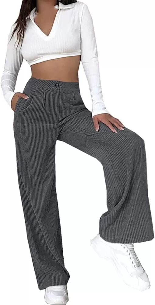 imagechouyatou Womens Straight Leg Vintage High Waisted Corduroy Pants Trousers with PocketsDark Grey