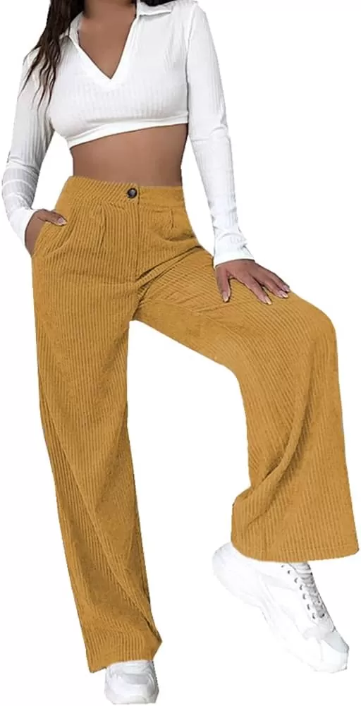 imagechouyatou Womens Straight Leg Vintage High Waisted Corduroy Pants Trousers with PocketsKhaki