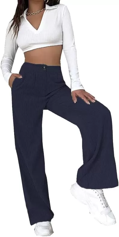 imagechouyatou Womens Straight Leg Vintage High Waisted Corduroy Pants Trousers with PocketsNavy Blue