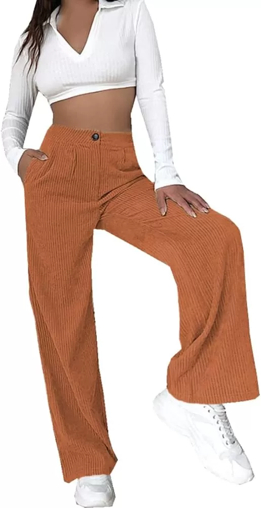 imagechouyatou Womens Straight Leg Vintage High Waisted Corduroy Pants Trousers with PocketsOrange