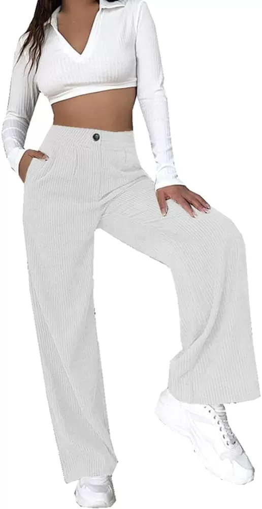 imagechouyatou Womens Straight Leg Vintage High Waisted Corduroy Pants Trousers with PocketsWhite