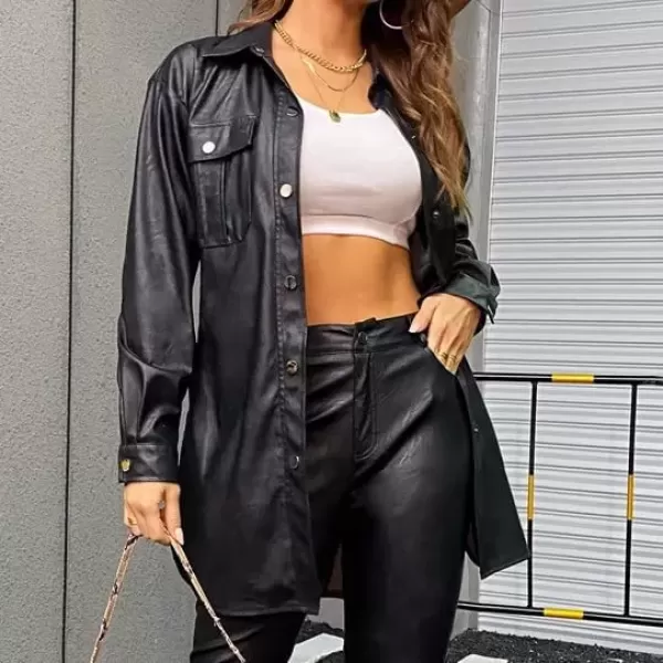 imagechouyatou Women Long Sleeve Button Down PU Shirt Jacket Faux Leather Shacket Trench Coat with BeltBlack