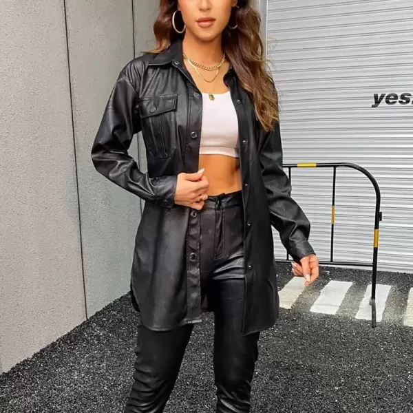 imagechouyatou Women Long Sleeve Button Down PU Shirt Jacket Faux Leather Shacket Trench Coat with BeltBlack