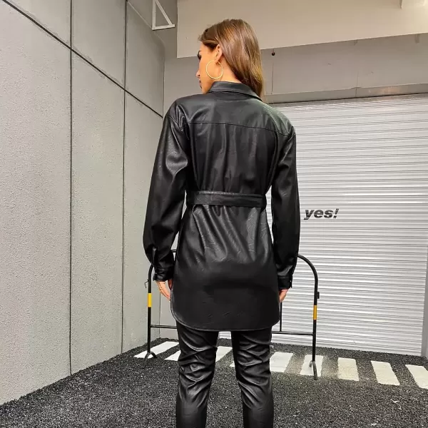 imagechouyatou Women Long Sleeve Button Down PU Shirt Jacket Faux Leather Shacket Trench Coat with BeltBlack