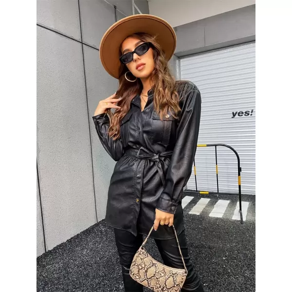 imagechouyatou Women Long Sleeve Button Down PU Shirt Jacket Faux Leather Shacket Trench Coat with BeltBlack