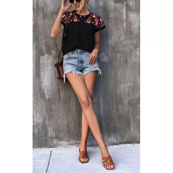 imagechouyatou Womens Boho Cap Sleeve Floral Embroidered Mexican Shirt Pullover Summer TopBlack