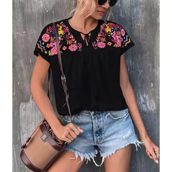 imagechouyatou Womens Boho Cap Sleeve Floral Embroidered Mexican Shirt Pullover Summer TopBlack