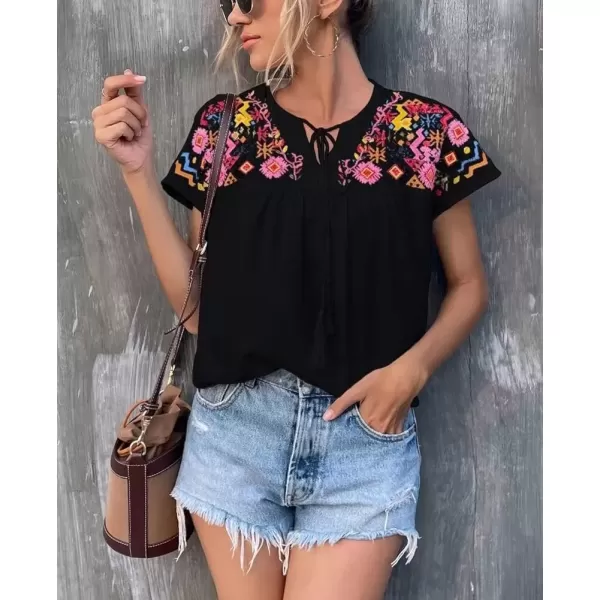 imagechouyatou Womens Boho Cap Sleeve Floral Embroidered Mexican Shirt Pullover Summer TopBlack