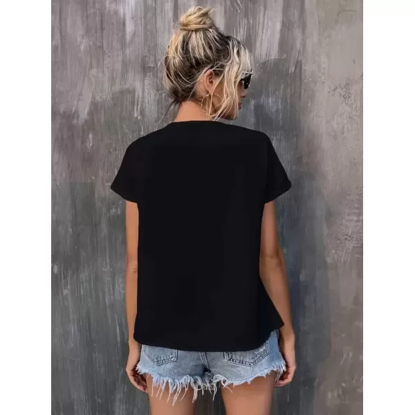 imagechouyatou Womens Boho Cap Sleeve Floral Embroidered Mexican Shirt Pullover Summer TopBlack