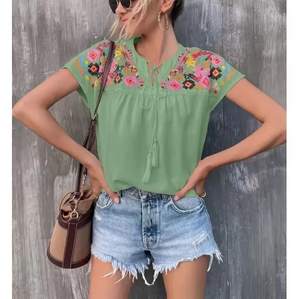 imagechouyatou Womens Boho Cap Sleeve Floral Embroidered Mexican Shirt Pullover Summer TopGreen