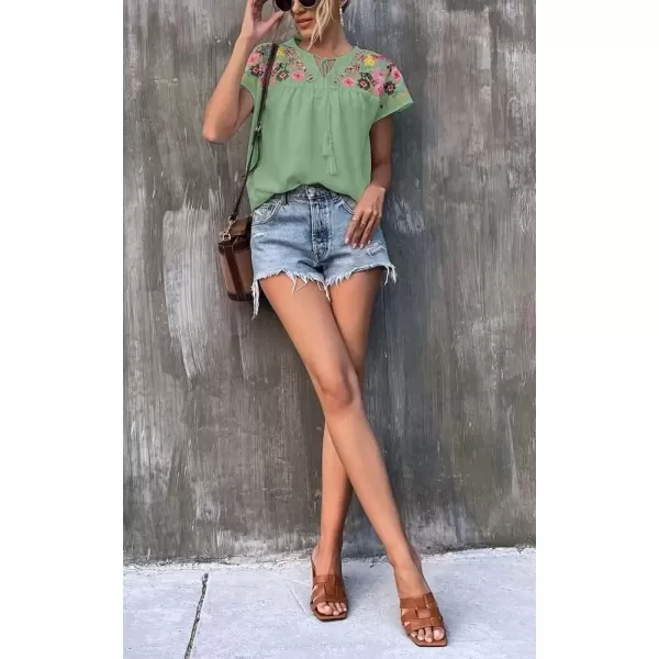 imagechouyatou Womens Boho Cap Sleeve Floral Embroidered Mexican Shirt Pullover Summer TopGreen