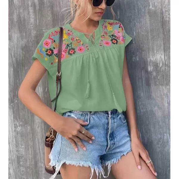 imagechouyatou Womens Boho Cap Sleeve Floral Embroidered Mexican Shirt Pullover Summer TopGreen