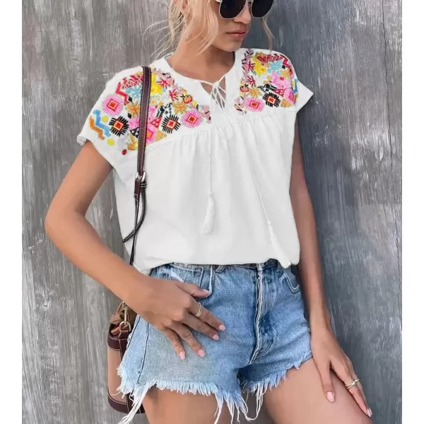 imagechouyatou Womens Boho Cap Sleeve Floral Embroidered Mexican Shirt Pullover Summer TopWhite