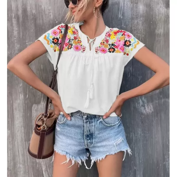 imagechouyatou Womens Boho Cap Sleeve Floral Embroidered Mexican Shirt Pullover Summer TopWhite