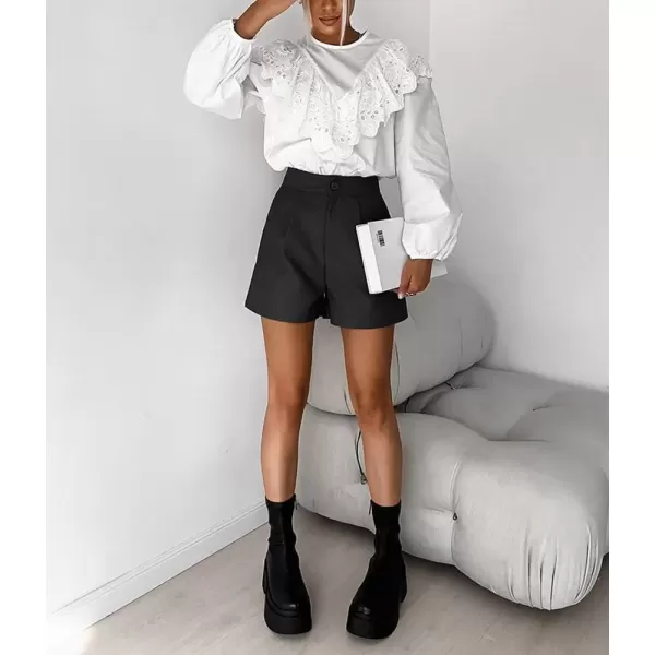imagechouyatou Womens Boho Crochet Lace Flounce Lantern Long Sleeve Business Casual Shirt Blouse TopsWhite