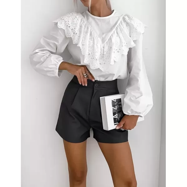 imagechouyatou Womens Boho Crochet Lace Flounce Lantern Long Sleeve Business Casual Shirt Blouse TopsWhite
