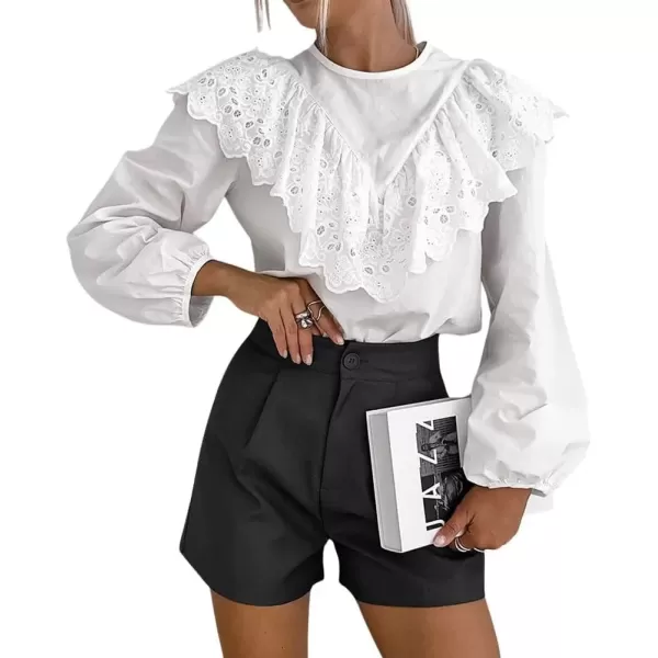 imagechouyatou Womens Boho Crochet Lace Flounce Lantern Long Sleeve Business Casual Shirt Blouse TopsWhite