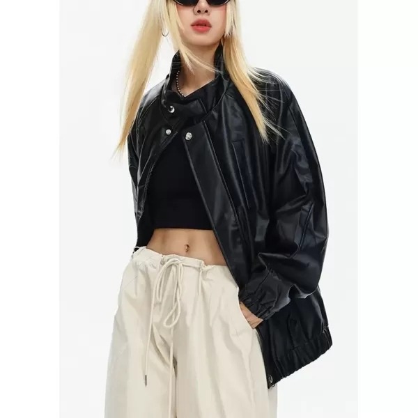 imagechouyatou Womens Boyfriend Faux Leather Bomber Jacket Stand Collar Streetwear Motocycle JacketBlack
