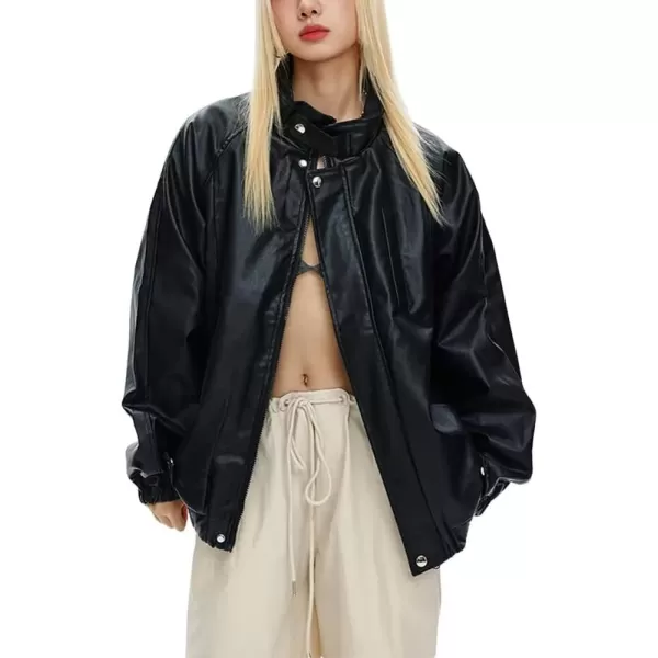 imagechouyatou Womens Boyfriend Faux Leather Bomber Jacket Stand Collar Streetwear Motocycle JacketBlack