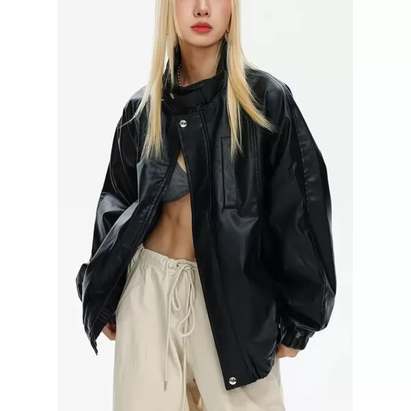 imagechouyatou Womens Boyfriend Faux Leather Bomber Jacket Stand Collar Streetwear Motocycle JacketBlack