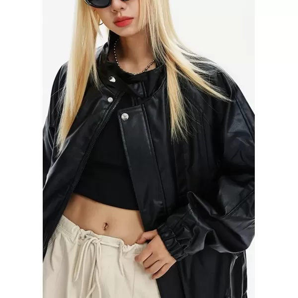 imagechouyatou Womens Boyfriend Faux Leather Bomber Jacket Stand Collar Streetwear Motocycle JacketBlack