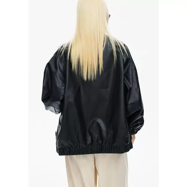 imagechouyatou Womens Boyfriend Faux Leather Bomber Jacket Stand Collar Streetwear Motocycle JacketBlack
