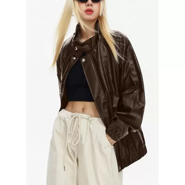 imagechouyatou Womens Boyfriend Faux Leather Bomber Jacket Stand Collar Streetwear Motocycle JacketCoffee