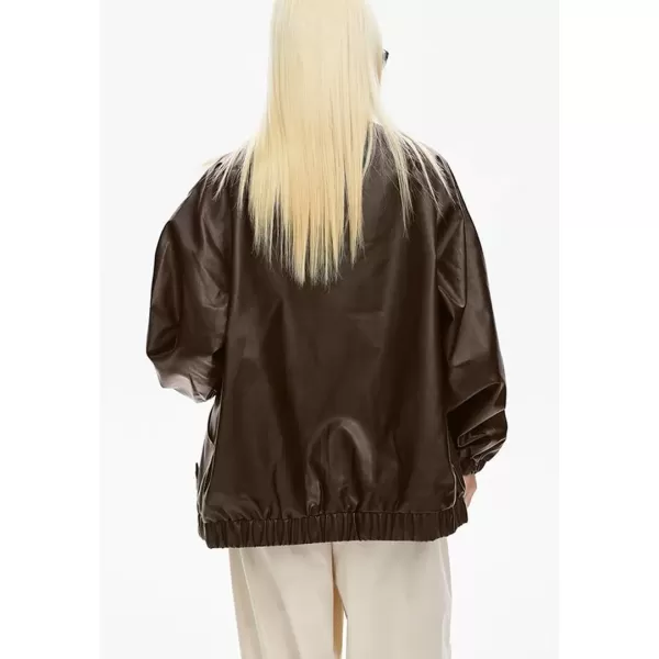 imagechouyatou Womens Boyfriend Faux Leather Bomber Jacket Stand Collar Streetwear Motocycle JacketCoffee