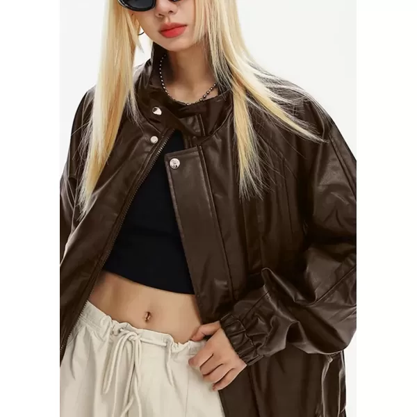 imagechouyatou Womens Boyfriend Faux Leather Bomber Jacket Stand Collar Streetwear Motocycle JacketCoffee