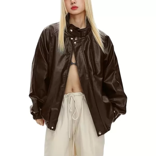 imagechouyatou Womens Boyfriend Faux Leather Bomber Jacket Stand Collar Streetwear Motocycle JacketCoffee