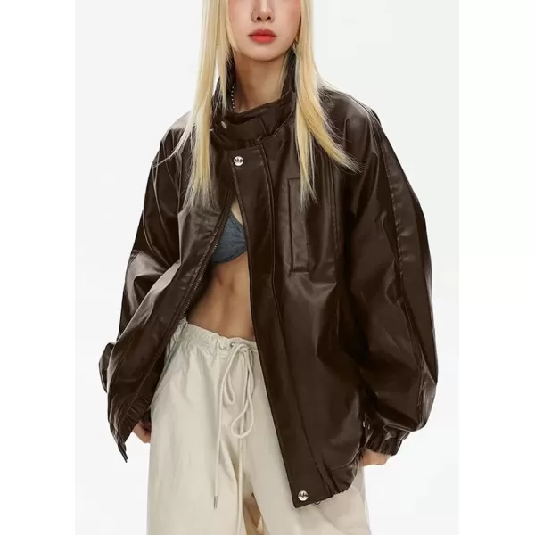imagechouyatou Womens Boyfriend Faux Leather Bomber Jacket Stand Collar Streetwear Motocycle JacketCoffee