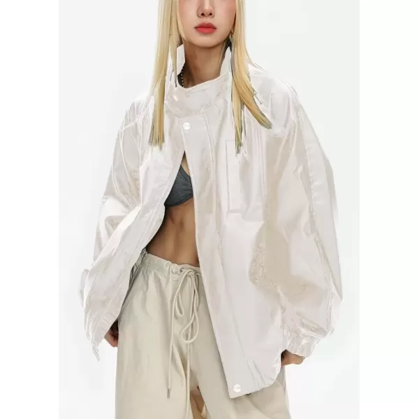 imagechouyatou Womens Boyfriend Faux Leather Bomber Jacket Stand Collar Streetwear Motocycle JacketOffwhite