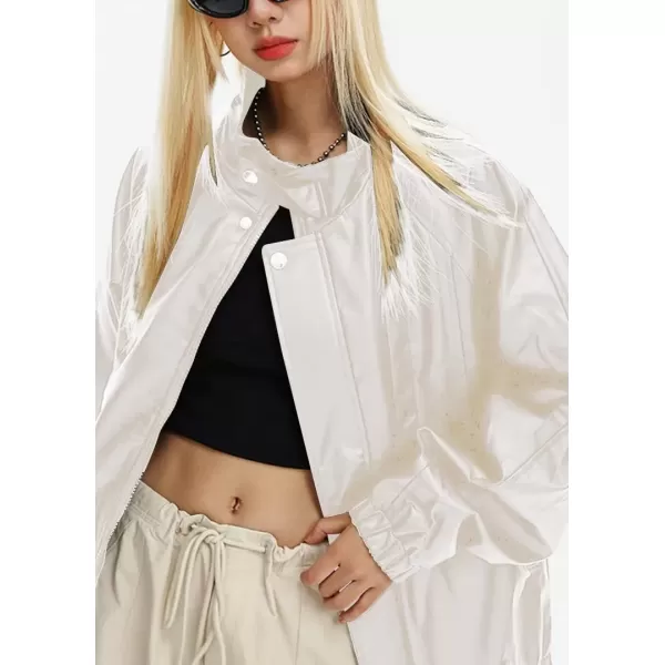 imagechouyatou Womens Boyfriend Faux Leather Bomber Jacket Stand Collar Streetwear Motocycle JacketOffwhite