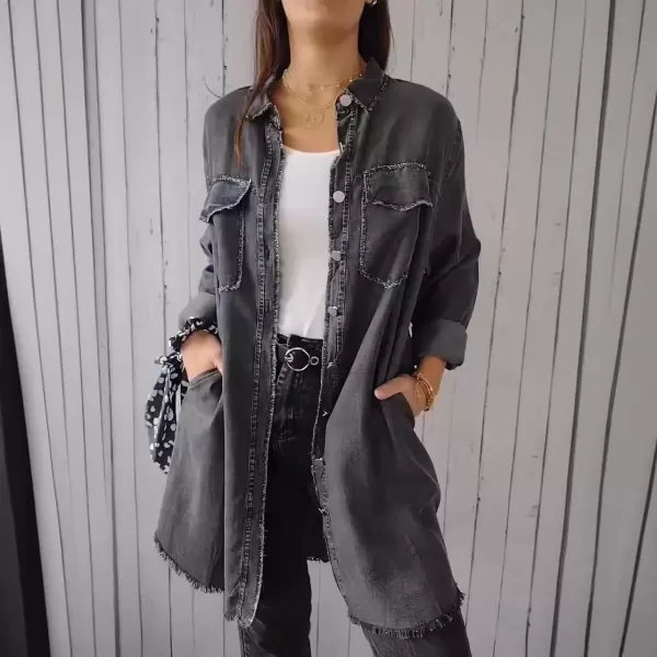 imagechouyatou Womens Button Down Distressed Denim Shirts Long Sleeve Business Casual Jean Blouse Tops with PocketsBlack