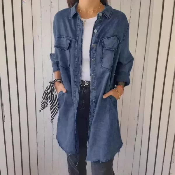 imagechouyatou Womens Button Down Distressed Denim Shirts Long Sleeve Business Casual Jean Blouse Tops with PocketsDark Blue