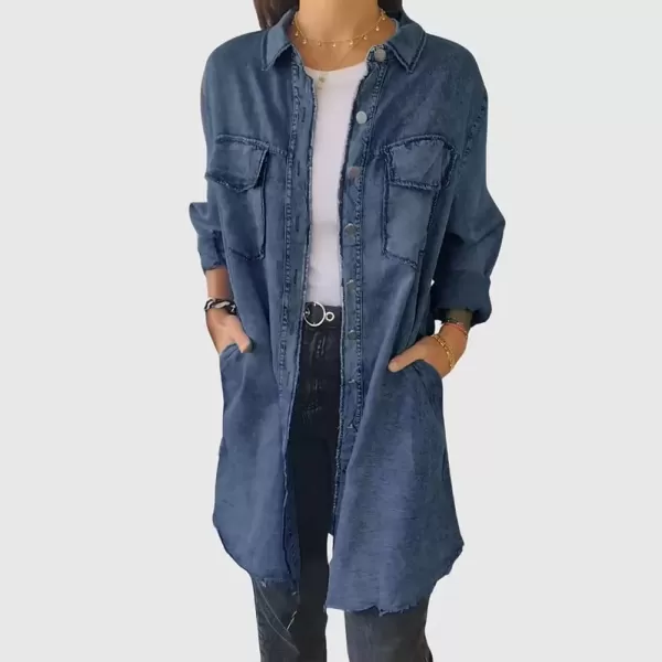 imagechouyatou Womens Button Down Distressed Denim Shirts Long Sleeve Business Casual Jean Blouse Tops with PocketsDark Blue