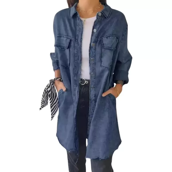 imagechouyatou Womens Button Down Distressed Denim Shirts Long Sleeve Business Casual Jean Blouse Tops with PocketsDark Blue