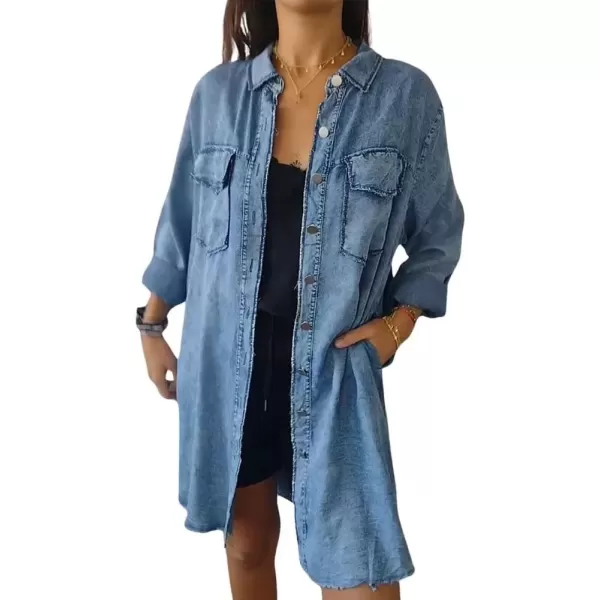 imagechouyatou Womens Button Down Distressed Denim Shirts Long Sleeve Business Casual Jean Blouse Tops with PocketsLight Blue
