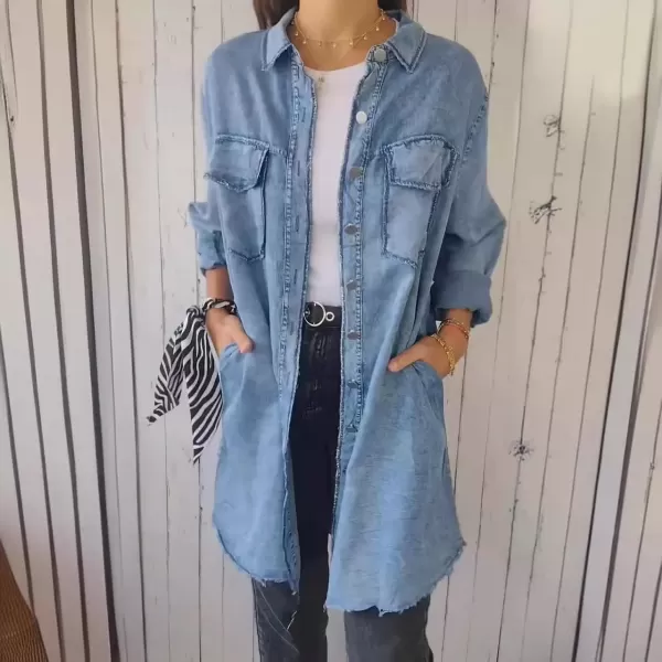 imagechouyatou Womens Button Down Distressed Denim Shirts Long Sleeve Business Casual Jean Blouse Tops with PocketsLight Blue