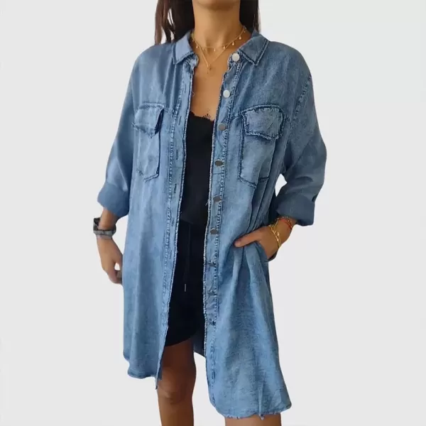 imagechouyatou Womens Button Down Distressed Denim Shirts Long Sleeve Business Casual Jean Blouse Tops with PocketsLight Blue
