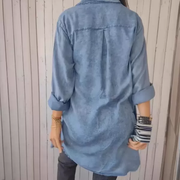 imagechouyatou Womens Button Down Distressed Denim Shirts Long Sleeve Business Casual Jean Blouse Tops with PocketsLight Blue