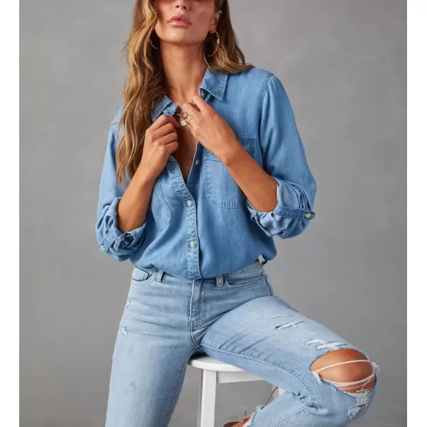 imagechouyatou Womens Button Down Rolled Up Long Sleeve Denim Shirt Business Casual Jean Blouse TopsBlue