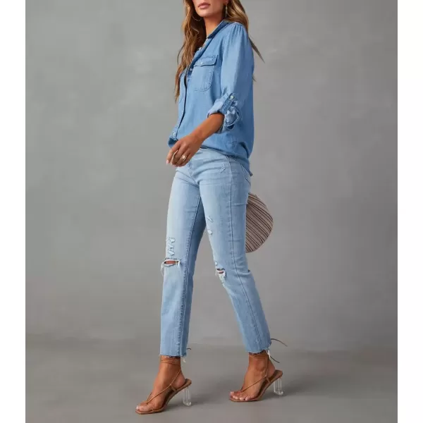 imagechouyatou Womens Button Down Rolled Up Long Sleeve Denim Shirt Business Casual Jean Blouse TopsBlue