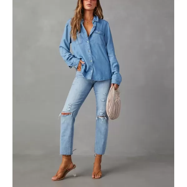 imagechouyatou Womens Button Down Rolled Up Long Sleeve Denim Shirt Business Casual Jean Blouse TopsBlue